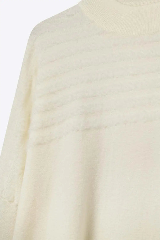 Beige Knit Sweater with Fluffy Stripe Detail - CREAM / ONE - Sweaters