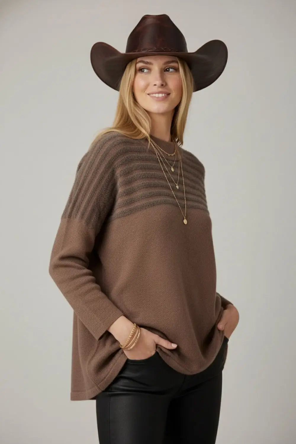 Brown Knit Sweater with Fluffy Stripe Detail - BROWN / ONE - Sweaters