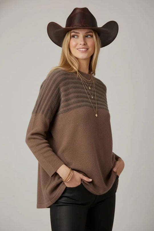 Brown Knit Sweater with Fluffy Stripe Detail - BROWN / ONE - Sweaters