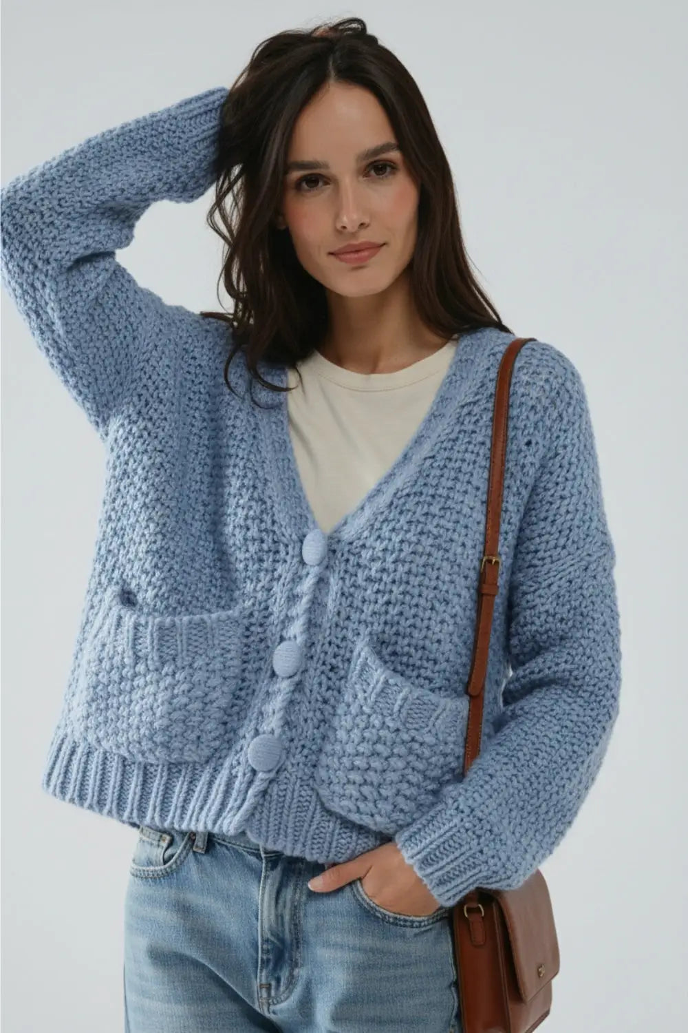 Oversized light blue chunky knit jacket with pockets - BLUE / ONE - Cardigans