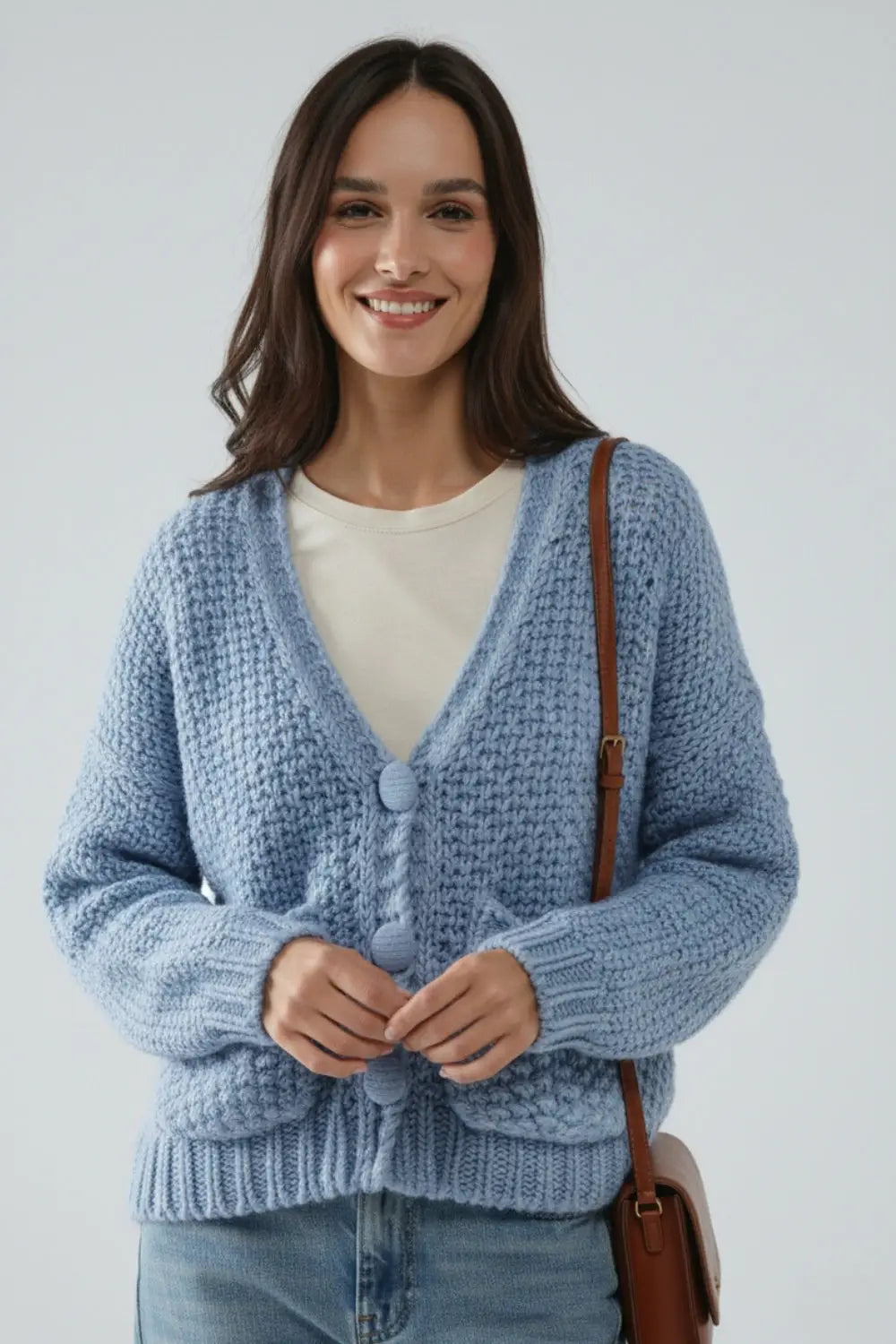 Oversized light blue chunky knit jacket with pockets - BLUE / ONE - Cardigans