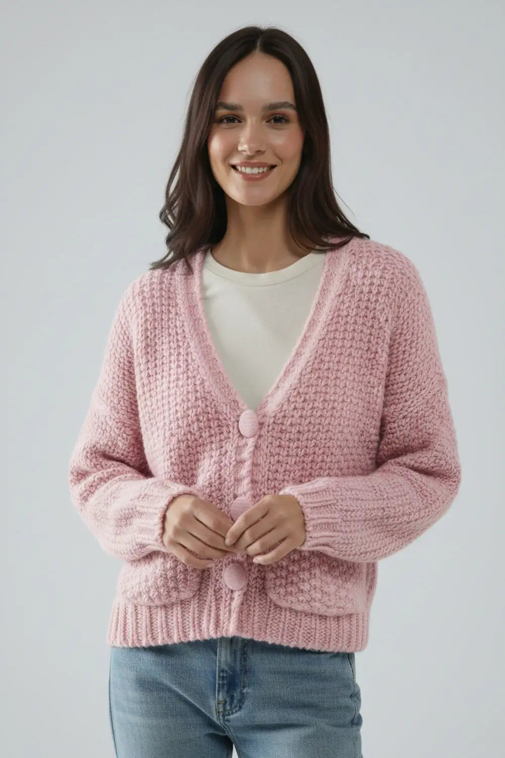 Oversized pink chunky knit jacket with pockets - PINK / ONE - Cardigans