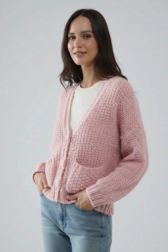 Oversized pink chunky knit jacket with pockets - PINK / ONE - Cardigans