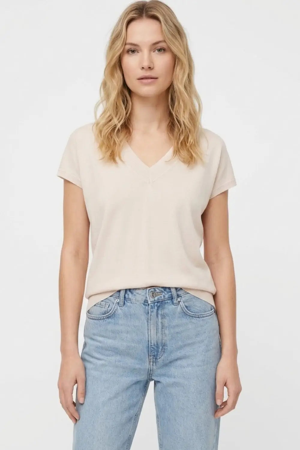 Beige lightweight knit V-neck sweater with short sleeves - BEIGE / ONE - Sweaters