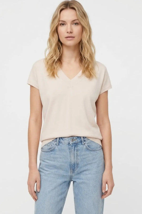 Beige lightweight knit V-neck sweater with short sleeves - BEIGE / ONE - Sweaters