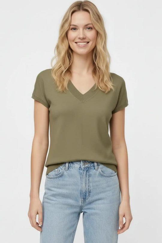 Khaki lightweight knit V-neck sweater with short sleeves - KHAKI / ONE - Sweaters