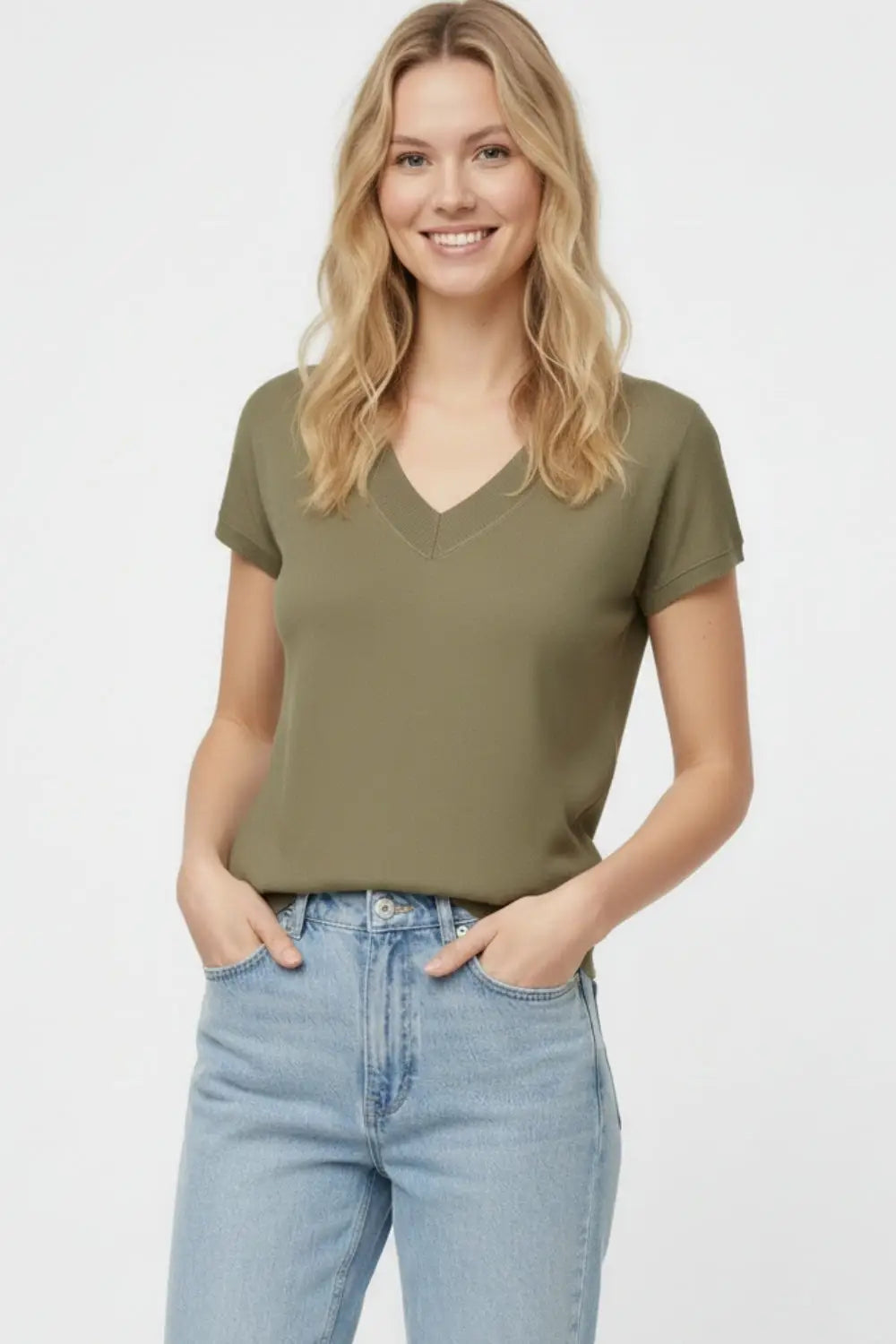 Khaki lightweight knit V-neck sweater with short sleeves - KHAKI / ONE - Sweaters