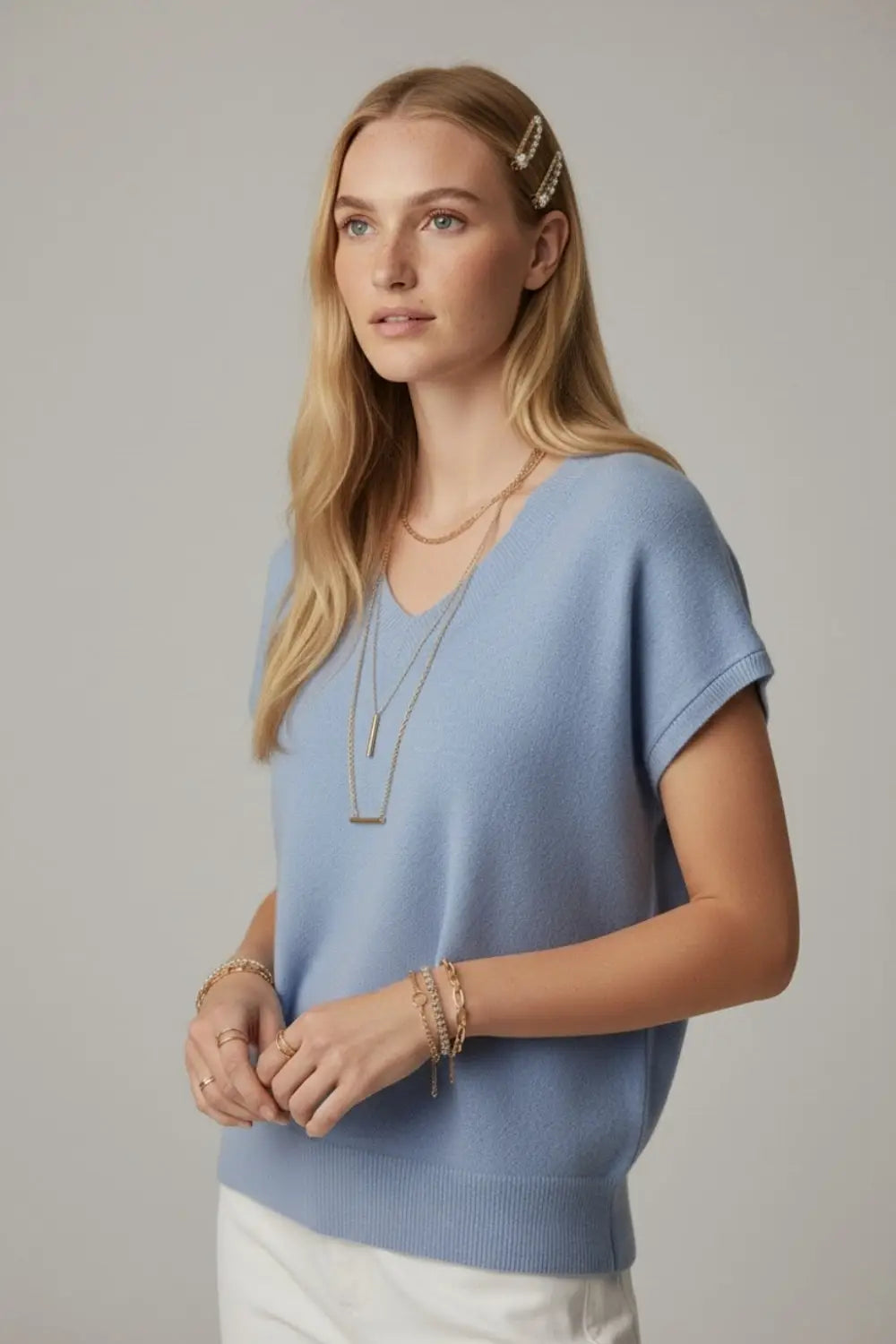 blue lightweight knit V-neck sweater with short sleeves - BLUE / ONE - Sweaters