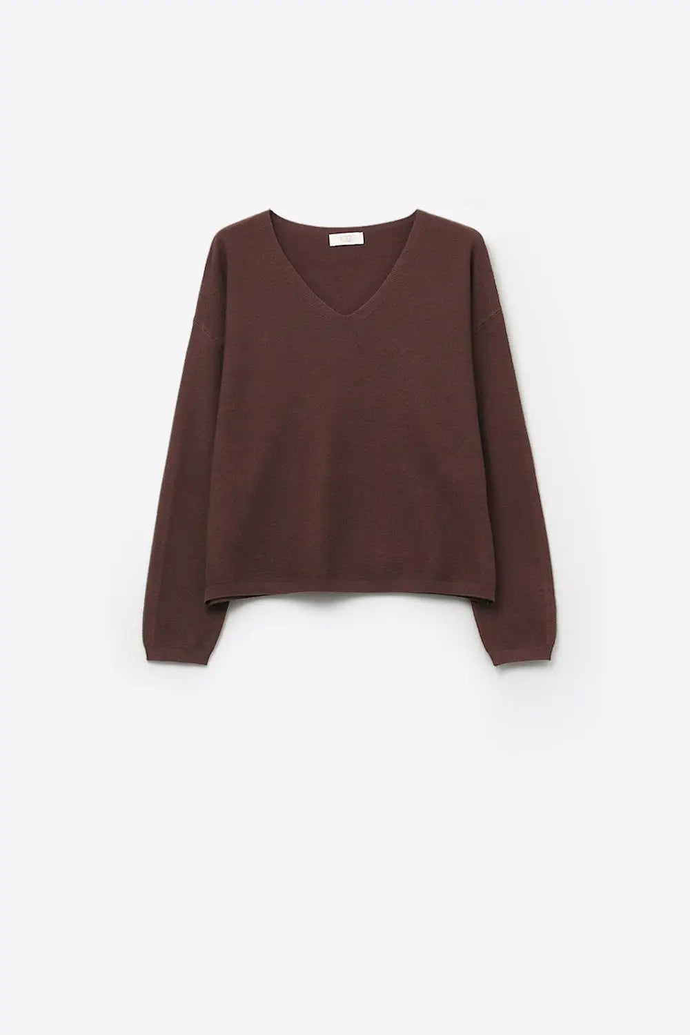Brown Fine Knit V-Neck Sweater with Subtle Linear Texture - BROWN / ONE - Sweaters
