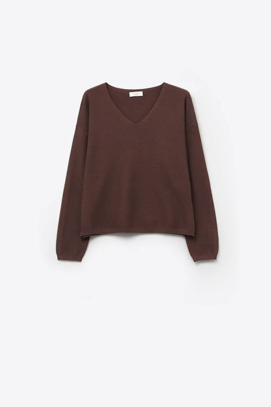 Brown Fine Knit V-Neck Sweater with Subtle Linear Texture - BROWN / ONE - Sweaters