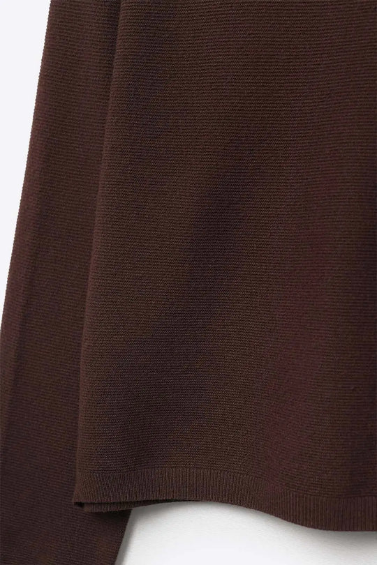 Brown Fine Knit V-Neck Sweater with Subtle Linear Texture - BROWN / ONE - Sweaters