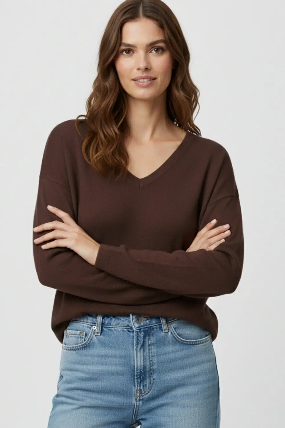 Brown Fine Knit V-Neck Sweater with Subtle Linear Texture - BROWN / ONE - Sweaters
