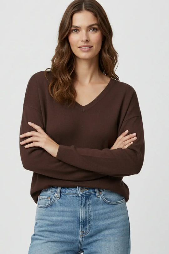 Brown Fine Knit V-Neck Sweater with Subtle Linear Texture - BROWN / ONE - Sweaters