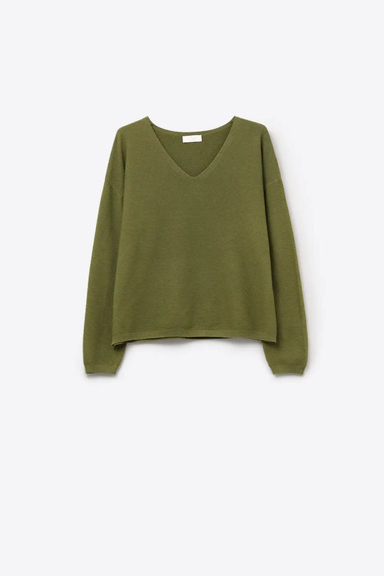 khaki Fine Knit V-Neck Sweater with Subtle Linear Texture - KHAKI / ONE - Sweaters