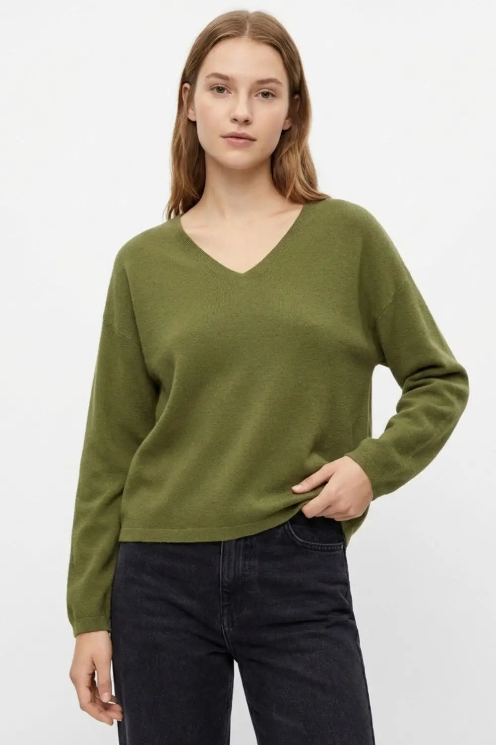 khaki Fine Knit V-Neck Sweater with Subtle Linear Texture - KHAKI / ONE - Sweaters