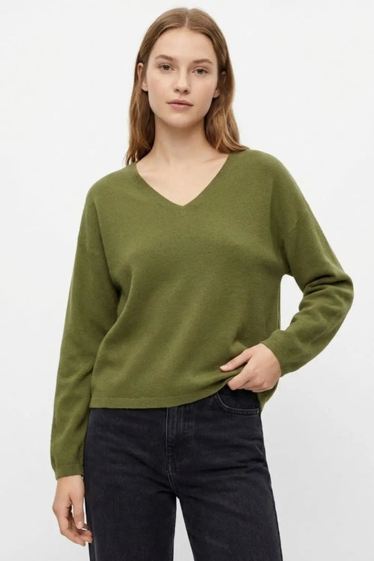 khaki Fine Knit V-Neck Sweater with Subtle Linear Texture - KHAKI / ONE - Sweaters