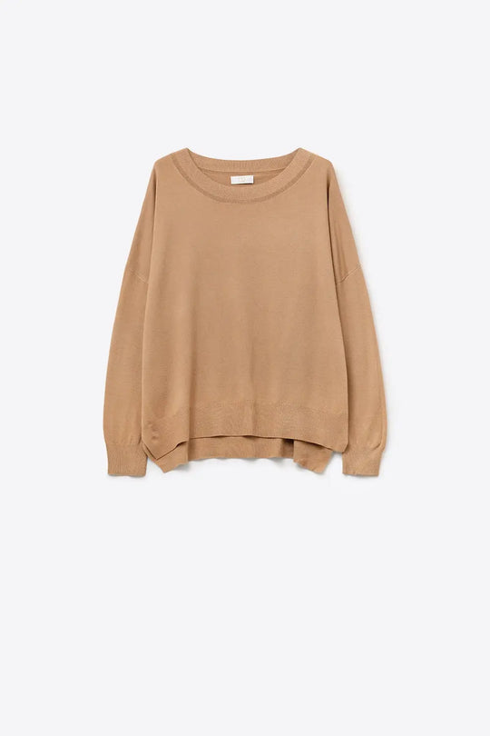 Camel knit sweater with mesh collar detail - CAMEL / ONE - Sweaters