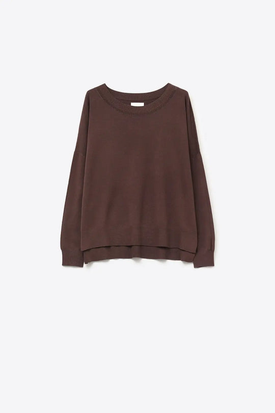 Brown knit sweater with mesh collar detail - BROWN / ONE - Sweaters