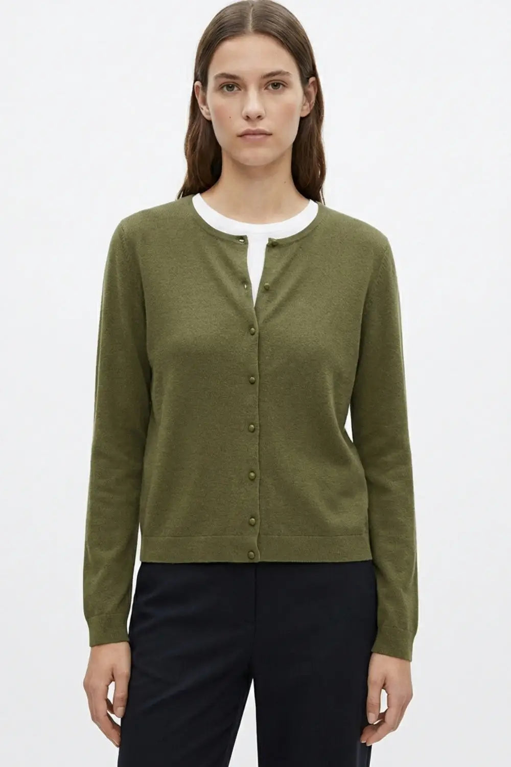 Khaki Ribbed Knit Cardigan with Mother-of-Pearl Buttons - KHAKI / ONE - Cardigans