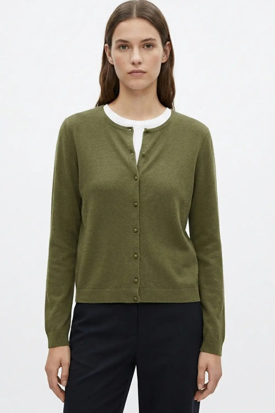 Khaki Ribbed Knit Cardigan with Mother-of-Pearl Buttons - KHAKI / ONE - Cardigans