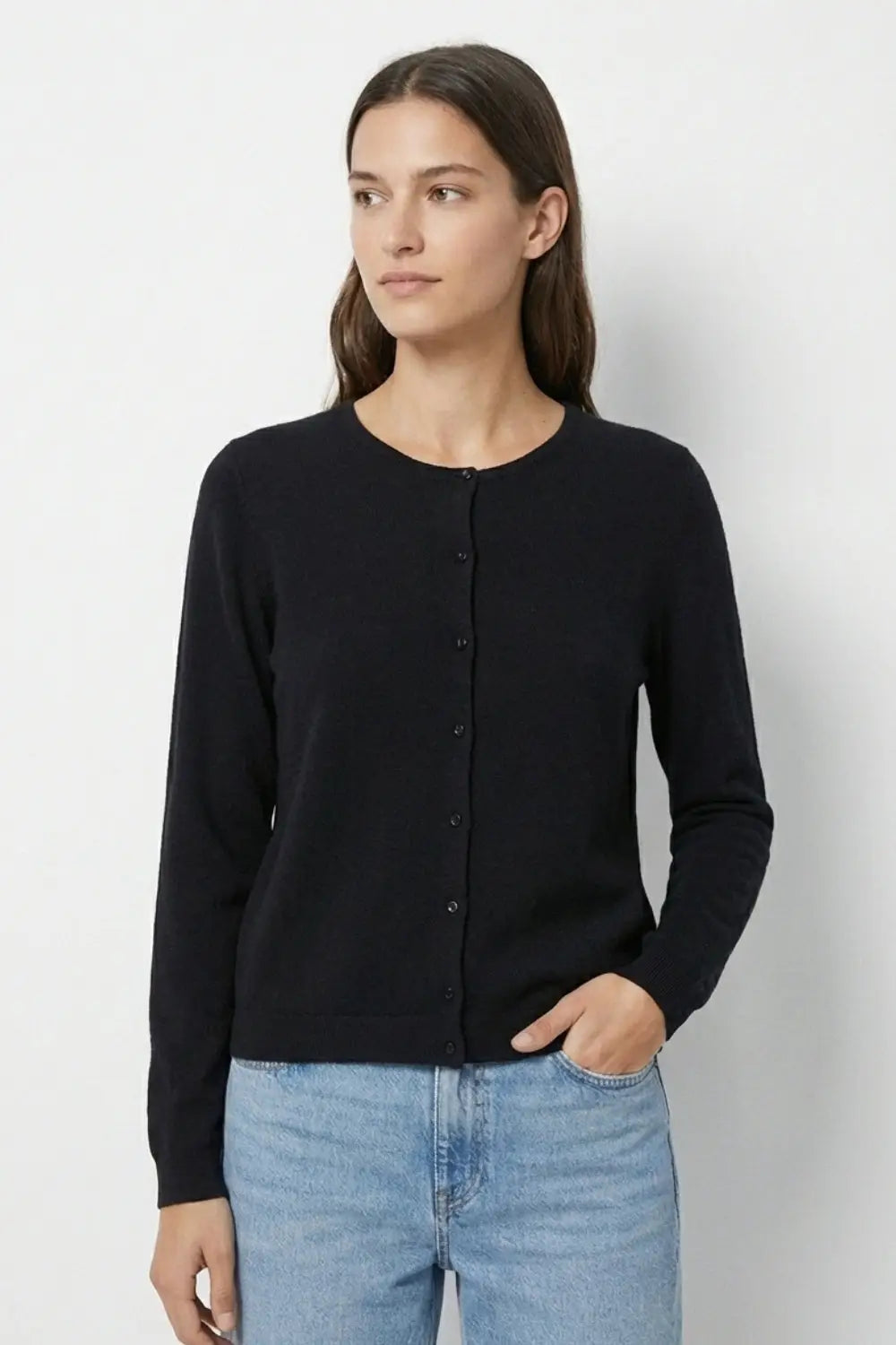 Black Ribbed Knit Cardigan with Mother-of-Pearl Buttons - BLACK / ONE - Cardigans