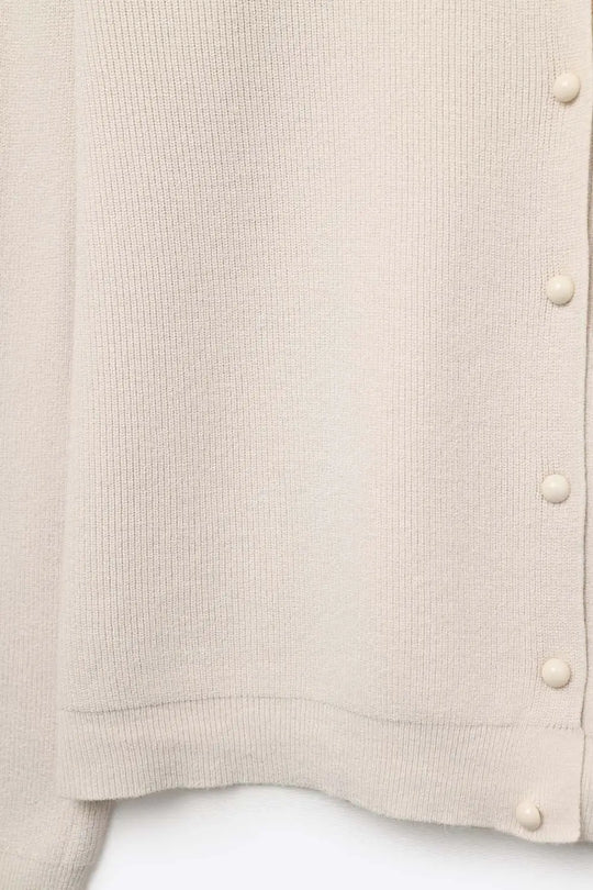 Beige Ribbed Knit Cardigan with Mother-of-Pearl Buttons - BEIGE / ONE - Cardigans