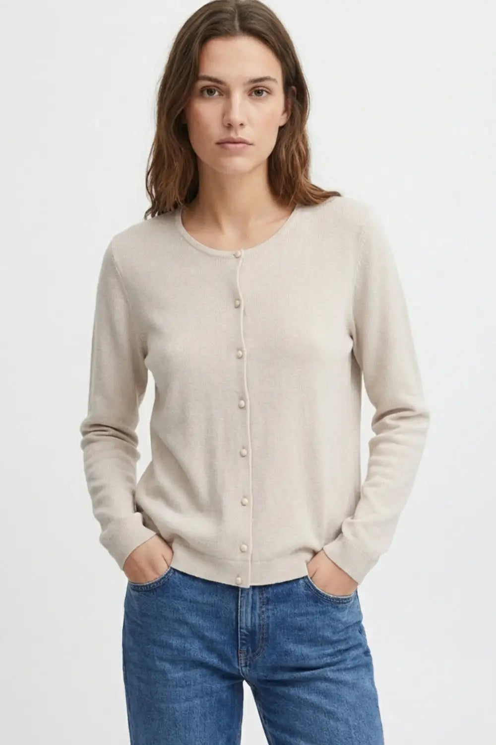 Beige Ribbed Knit Cardigan with Mother-of-Pearl Buttons - BEIGE / ONE - Cardigans