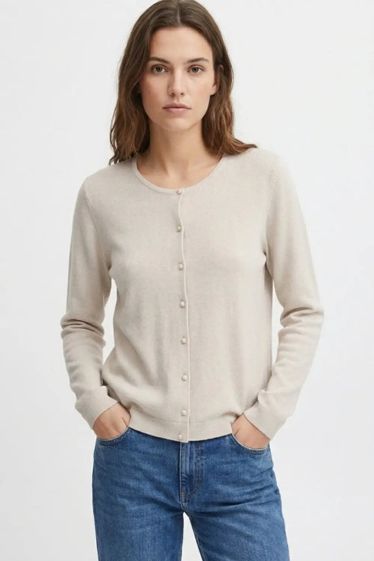 Beige Ribbed Knit Cardigan with Mother-of-Pearl Buttons - BEIGE / ONE - Cardigans