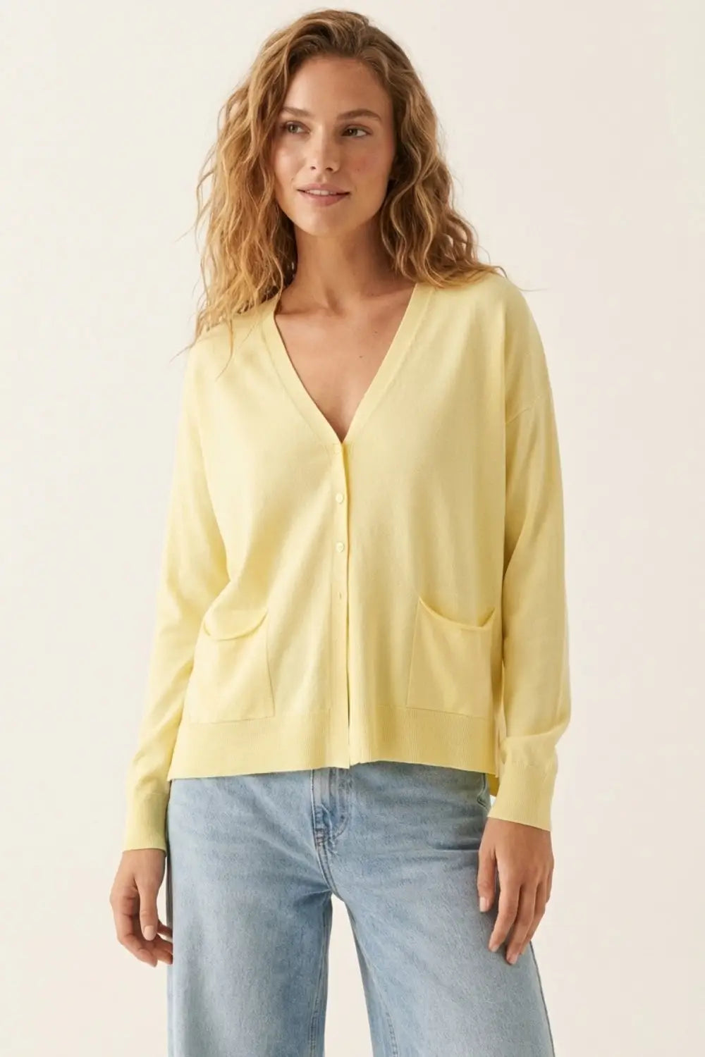 Fine Knit Cardigan with Front Pockets in Yellow - YELLOW / ONE - Cardigans