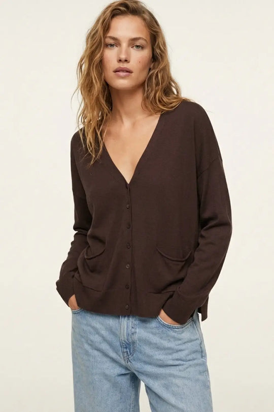 Fine Knit Cardigan with Front Pockets in brown - BROWN / ONE - Cardigans