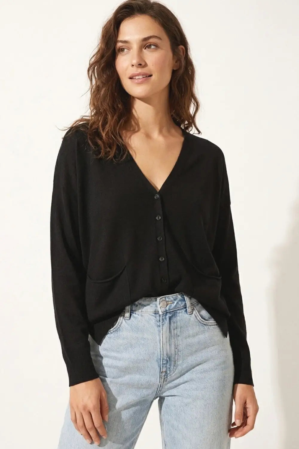Fine Knit Cardigan with Front Pockets in black - BLACK / ONE - Cardigans