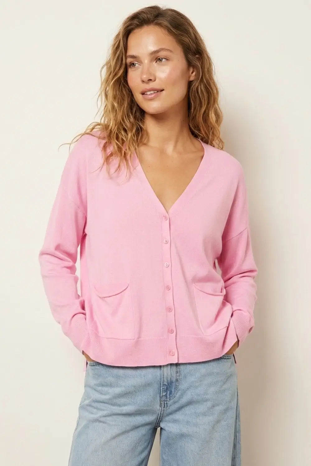 Fine Knit Cardigan with Front Pockets in pink - PINK / ONE - Cardigans