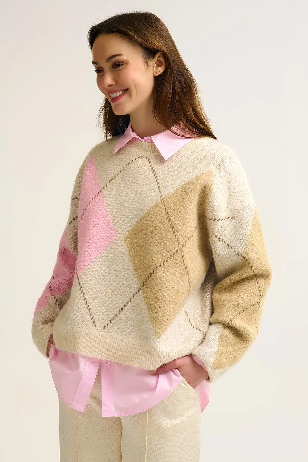 Cream Argyle Knit Sweater with Contrast Color Blocks pink and camel - CREAM / ONE - Sweaters