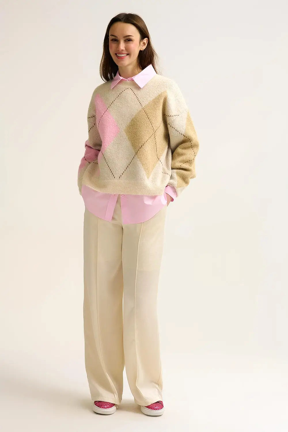 Cream Argyle Knit Sweater with Contrast Color Blocks pink and camel - CREAM / ONE - Sweaters