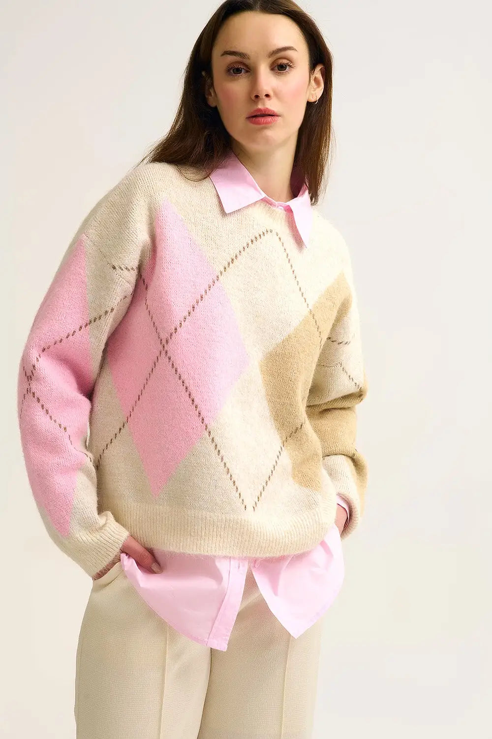 Cream Argyle Knit Sweater with Contrast Color Blocks pink and camel - CREAM / ONE - Sweaters