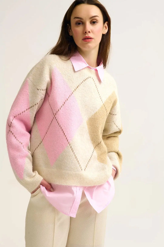 Cream Argyle Knit Sweater with Contrast Color Blocks pink and camel - CREAM / ONE - Sweaters