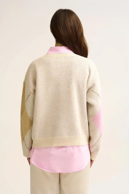 Cream Argyle Knit Sweater with Contrast Color Blocks pink and camel - CREAM / ONE - Sweaters