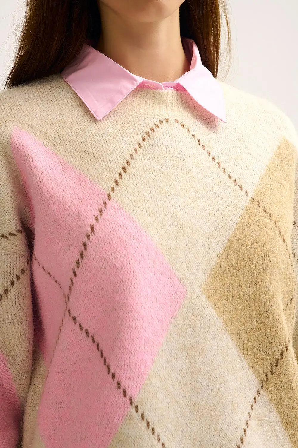Cream Argyle Knit Sweater with Contrast Color Blocks pink and camel - CREAM / ONE - Sweaters