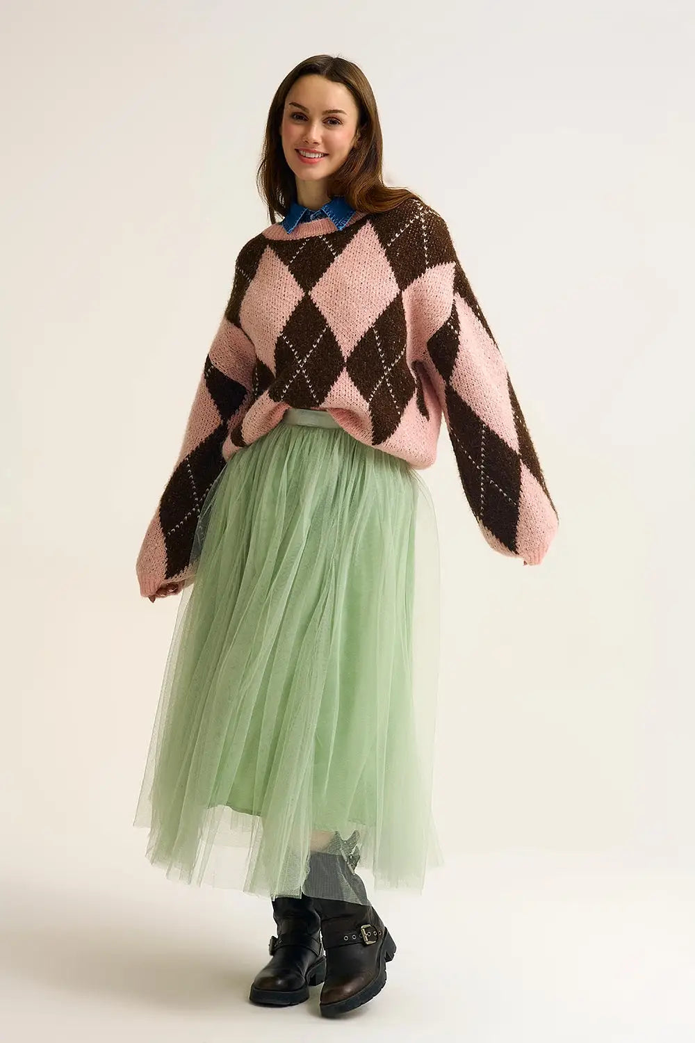 Pink and Brown Argyle Knit Sweater with Voluminous Sleeves - PINK / ONE - Sweaters