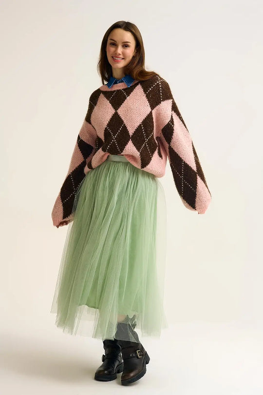 Pink and Brown Argyle Knit Sweater with Voluminous Sleeves - PINK / ONE - Sweaters