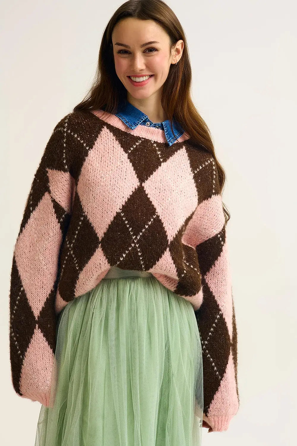 Pink and Brown Argyle Knit Sweater with Voluminous Sleeves - PINK / ONE - Sweaters