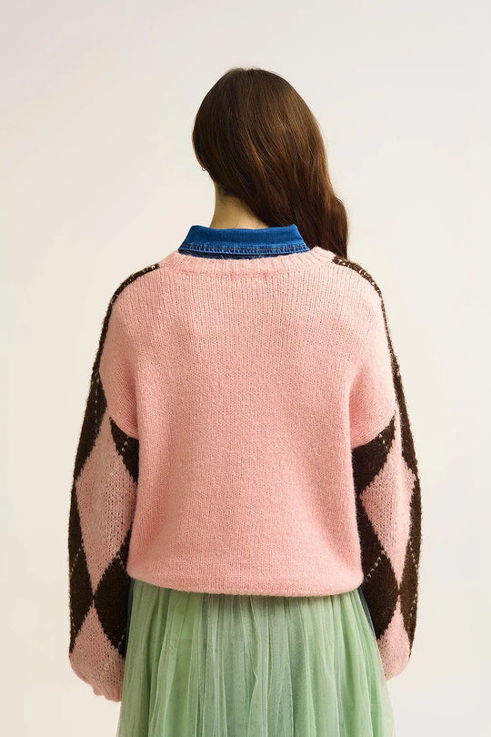 Pink and Brown Argyle Knit Sweater with Voluminous Sleeves - PINK / ONE - Sweaters