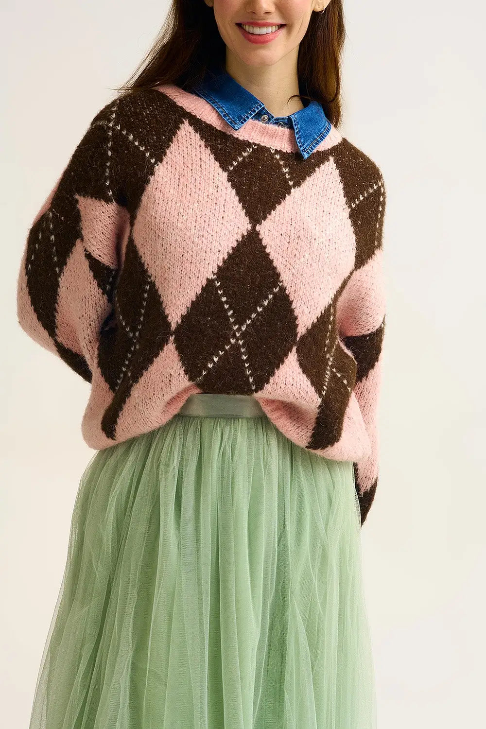 Pink and Brown Argyle Knit Sweater with Voluminous Sleeves - PINK / ONE - Sweaters