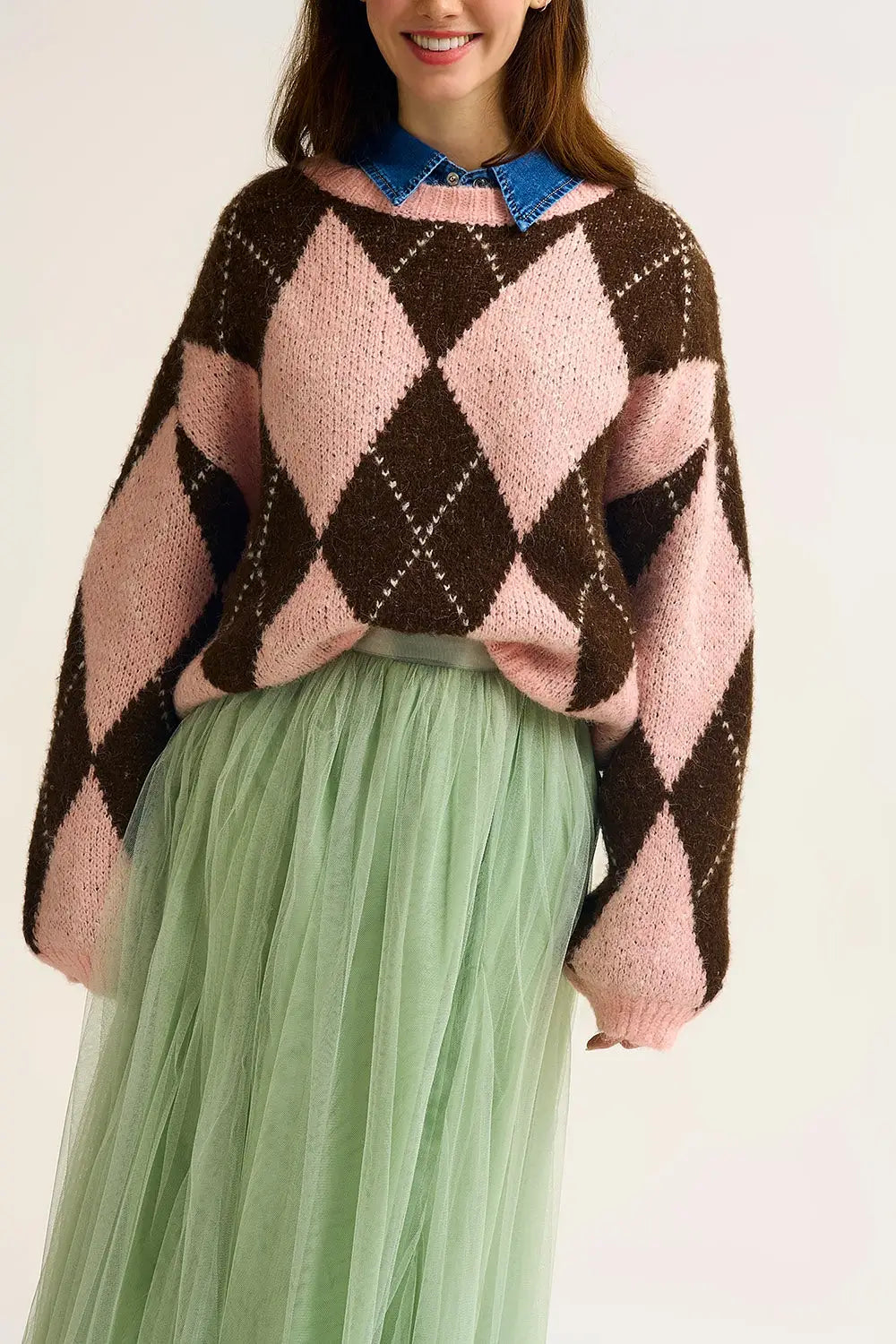 Pink and Brown Argyle Knit Sweater with Voluminous Sleeves - PINK / ONE - Sweaters