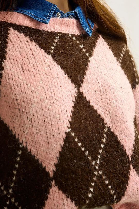 Pink and Brown Argyle Knit Sweater with Voluminous Sleeves - PINK / ONE - Sweaters