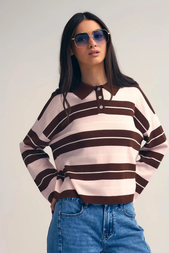 brown Striped Knit Polo Sweater with Buttoned Collar - BROWN / ONE - Sweaters