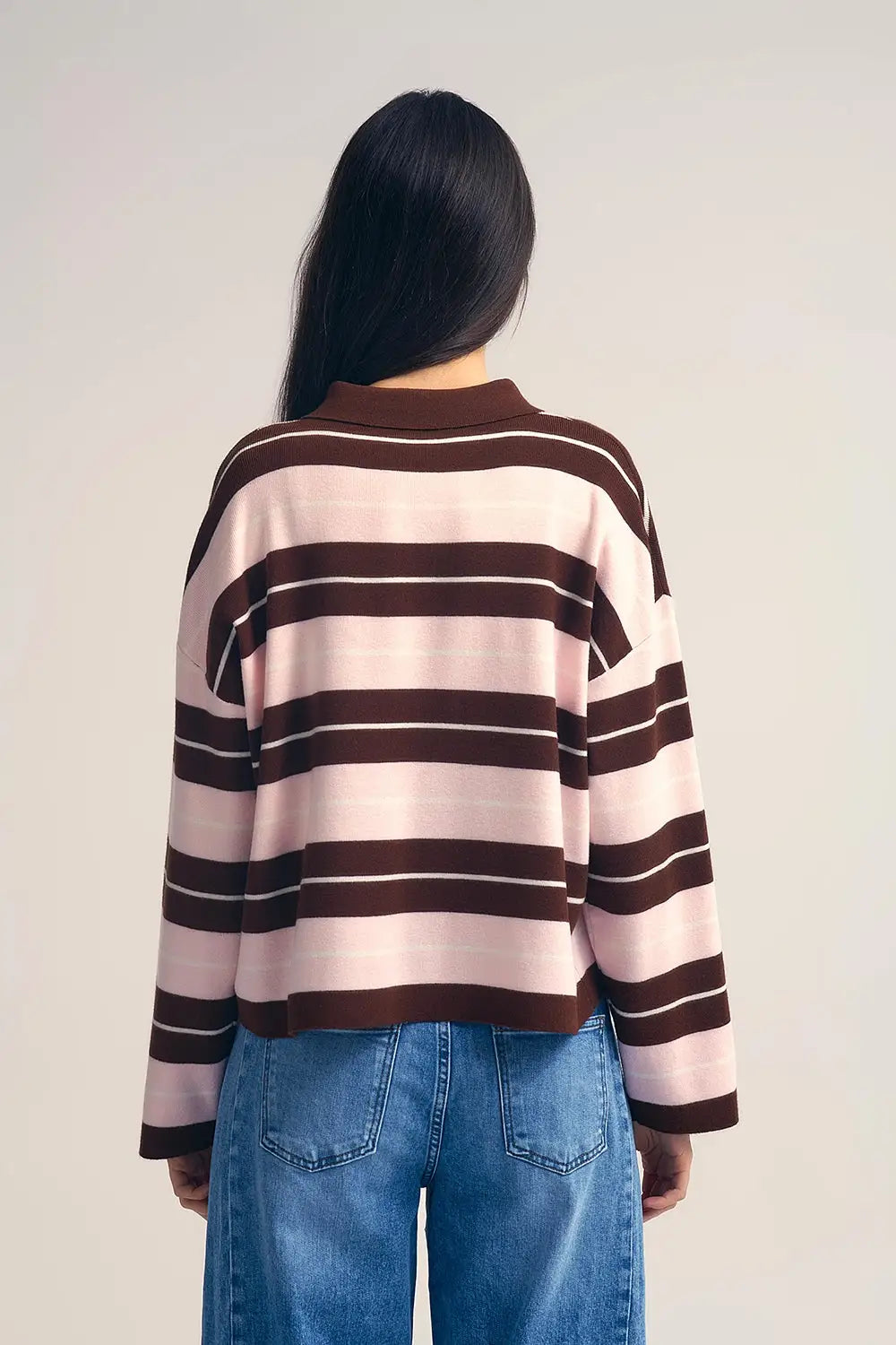 brown Striped Knit Polo Sweater with Buttoned Collar - BROWN / ONE - Sweaters