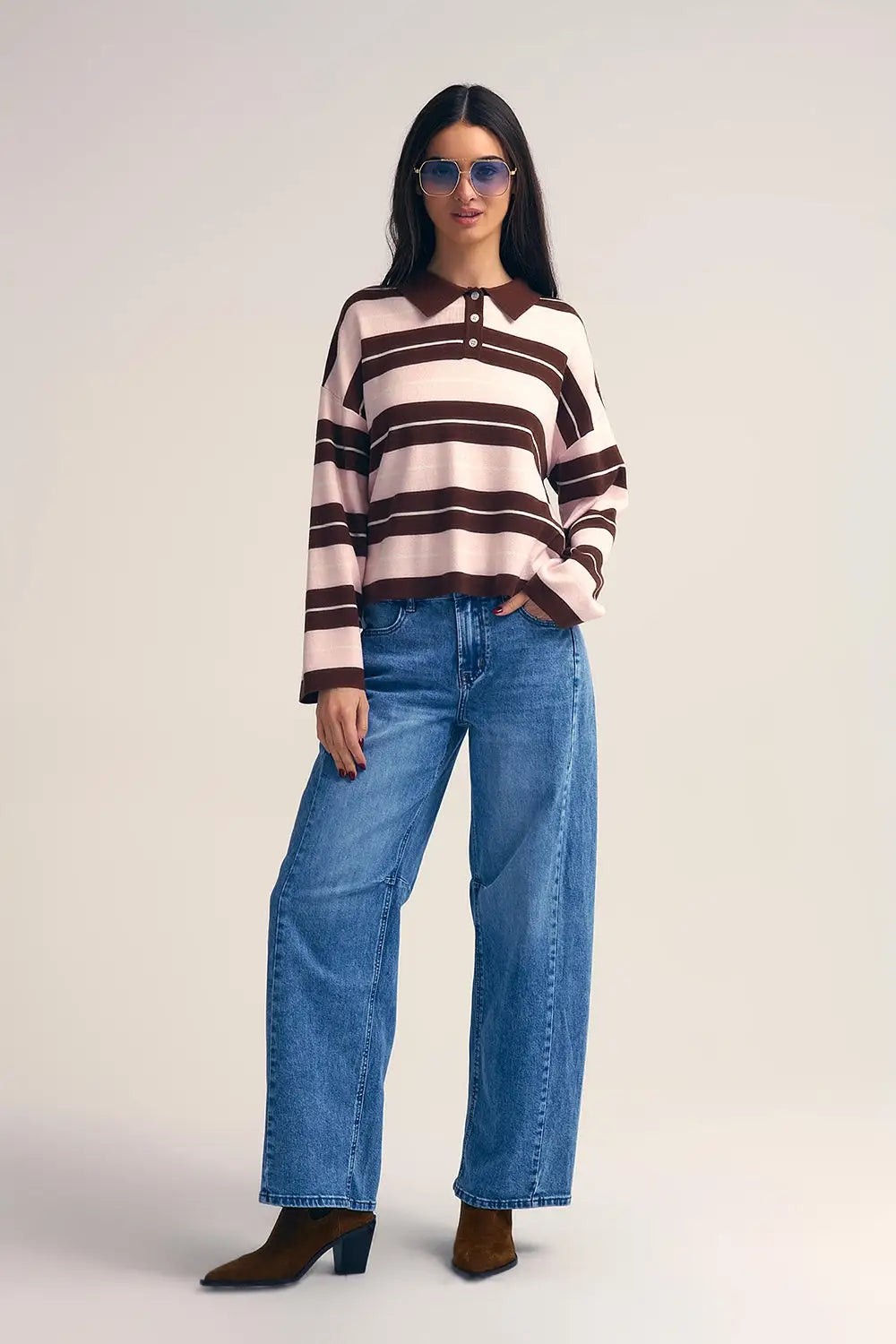 brown Striped Knit Polo Sweater with Buttoned Collar - BROWN / ONE - Sweaters