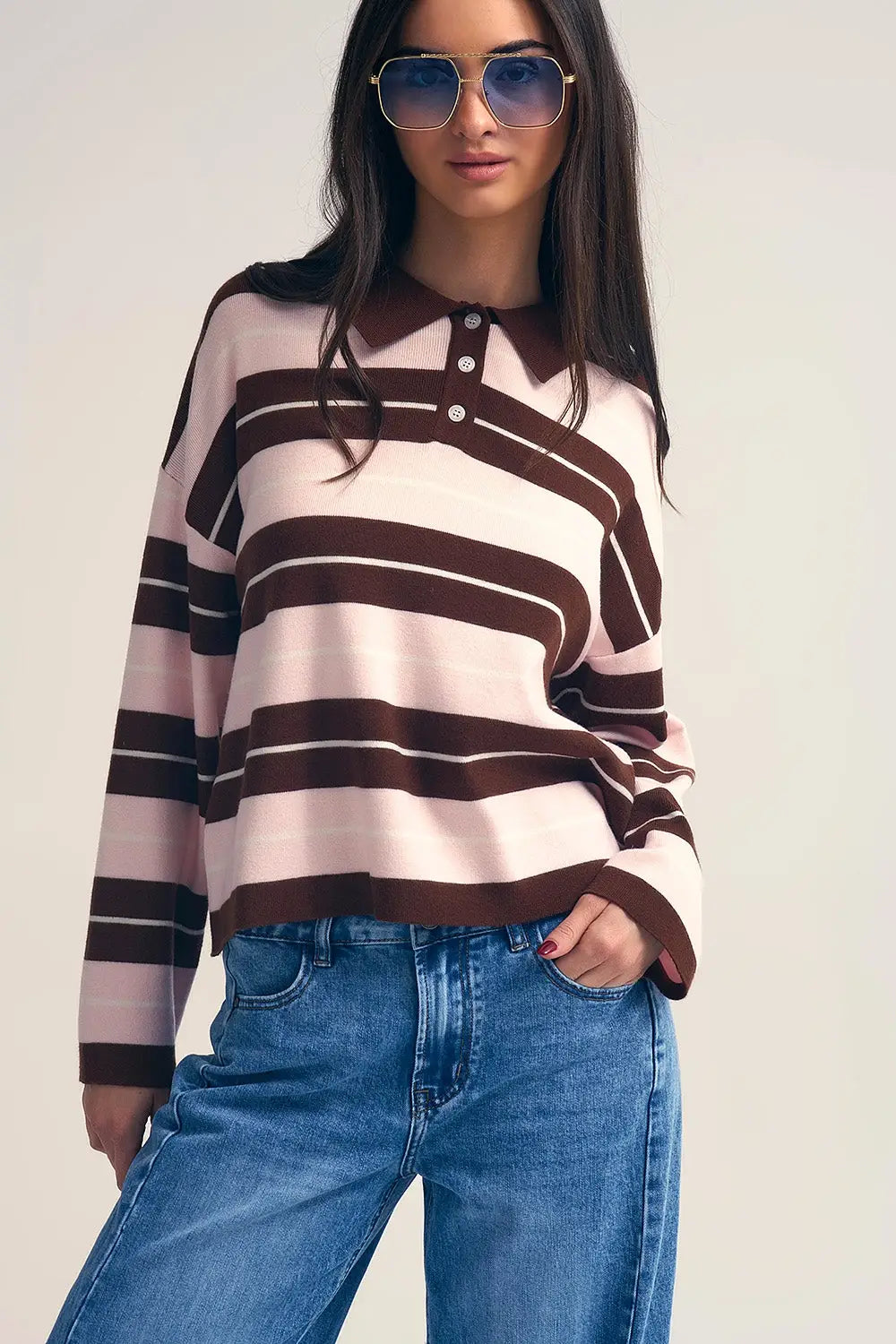 brown Striped Knit Polo Sweater with Buttoned Collar - BROWN / ONE - Sweaters
