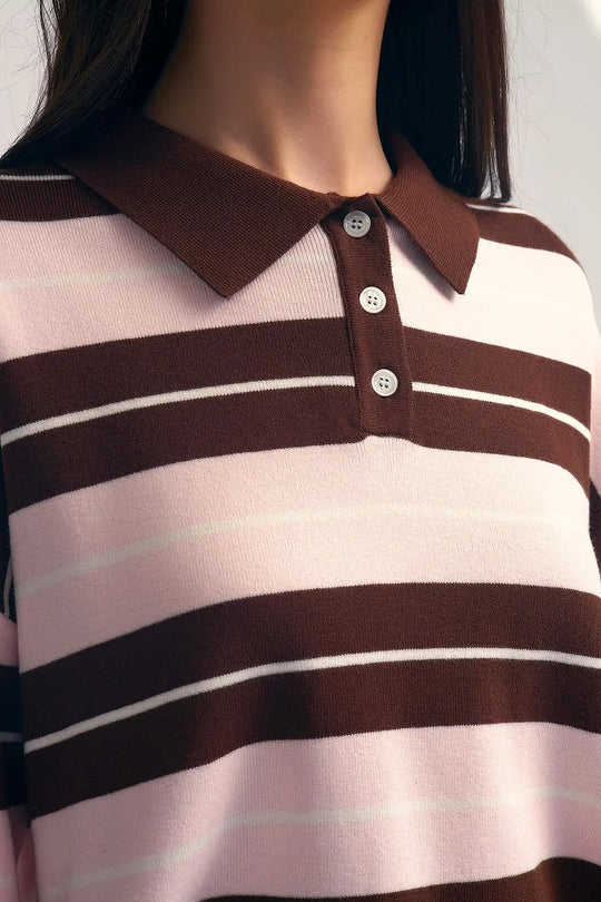 brown Striped Knit Polo Sweater with Buttoned Collar - BROWN / ONE - Sweaters